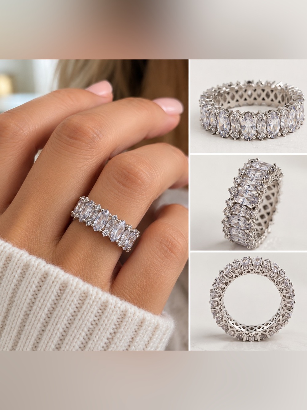 Silver Tone CZ Eternity Band Ring Oval & Marquise Crystal Statement Ring Size 8